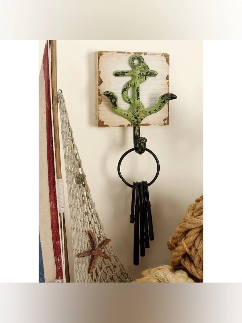 ( New ) Nautical 5”x7”Iron and Wood Wall Hooks Set - Sea Wheel, Anchor & Lifebuo